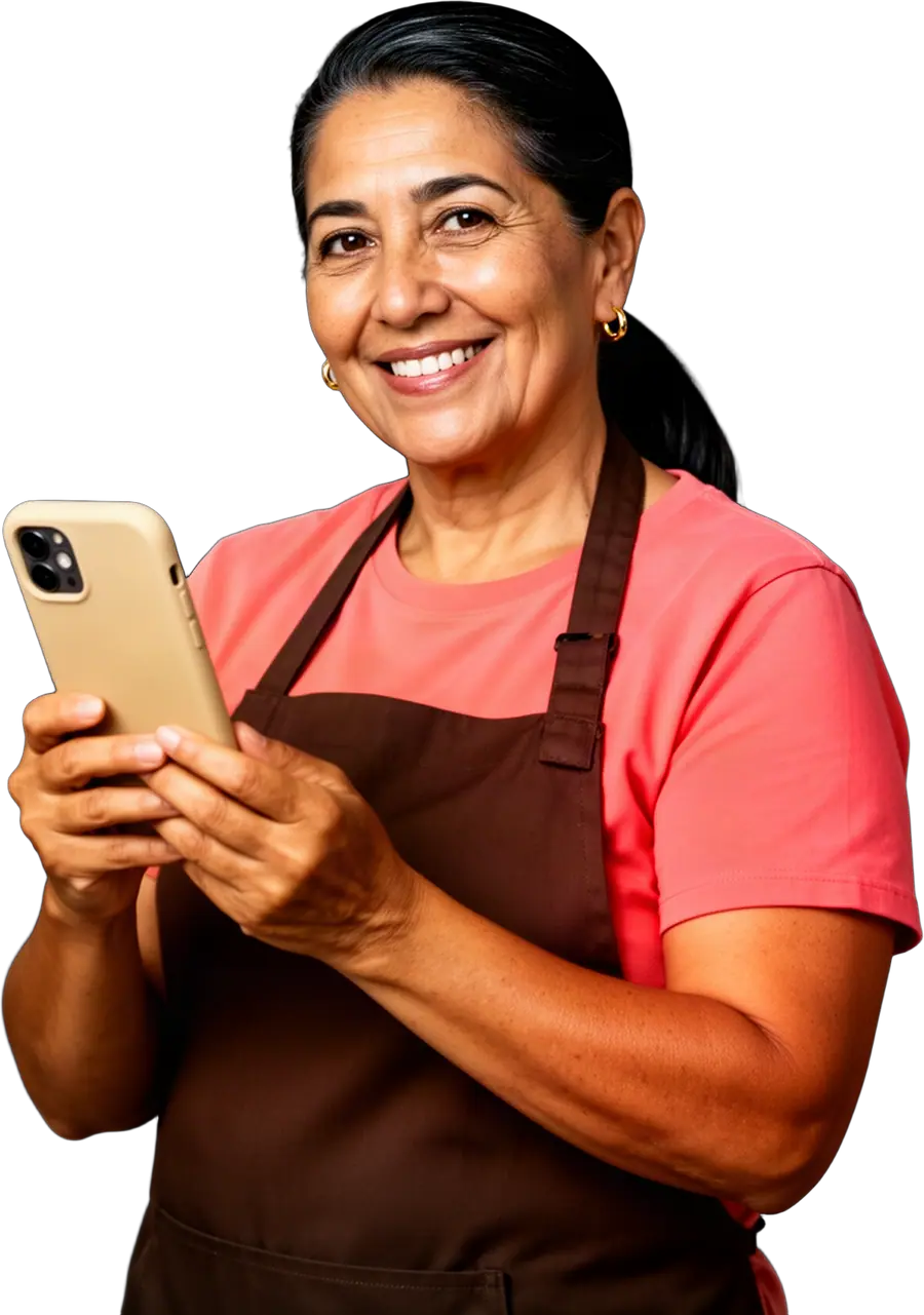 A smiling woman with dark hair in a coral t-shirt and brown apron holding a beige-cased smartphone.