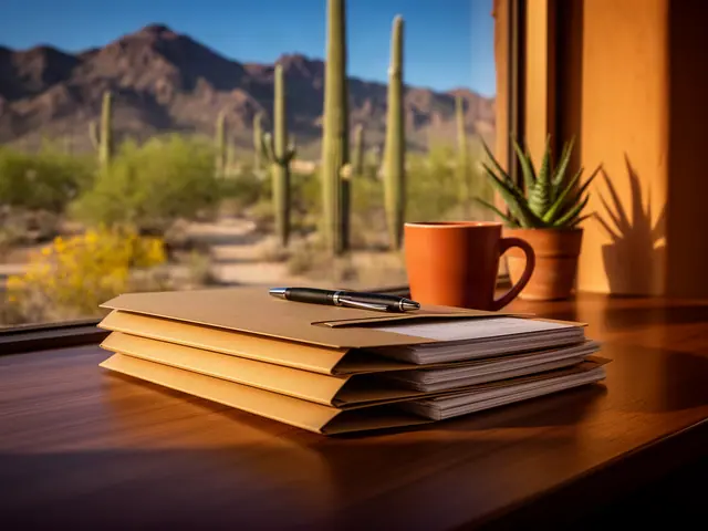 A stack of closed kraft folders with a pen on a desk by a window onto saguaros and desert mountains.