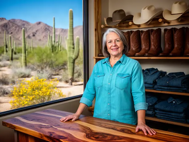 A smiling Western-wear shop owner behind a mesquite counter with boots and hats on the shelves.