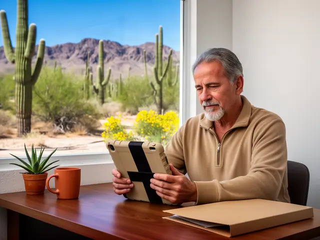 A man in a tan pullover reviews his business finances on a sand-colored tablet at a desk by a desert window.